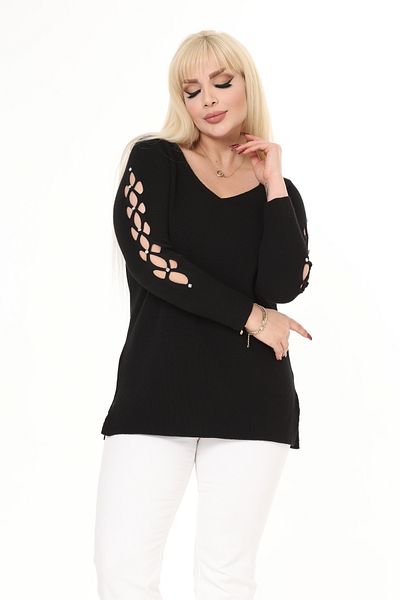 MJORA Black V-neck Sleeve Detailed Knitted Stone Sweater