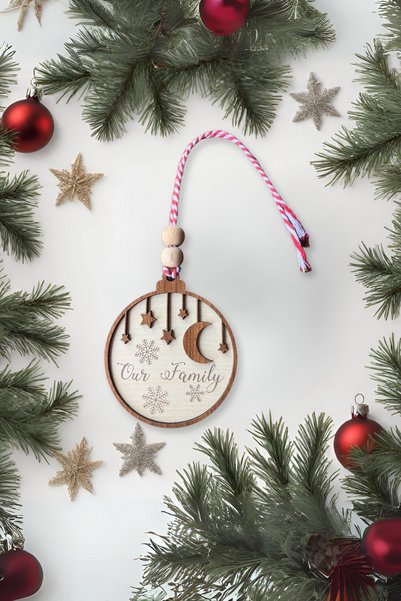 HippoDeco Scandinavian Style Our Family Written Moon and Star Detailed Snowflake Patterned Christmas Tree Ornament