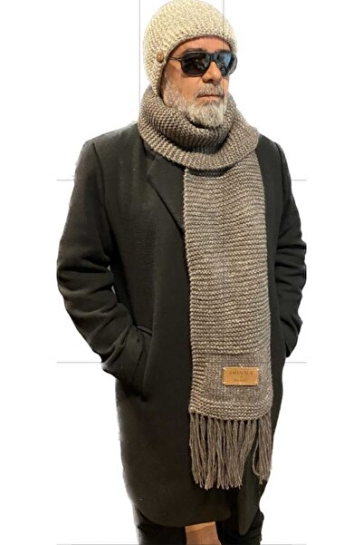 donna e milano Wool Hand Knitted Mink Scarf Beige Beanie Set