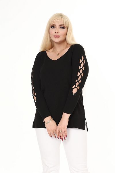 MJORA Black V-neck Sleeve Detailed Knitted Stone Sweater