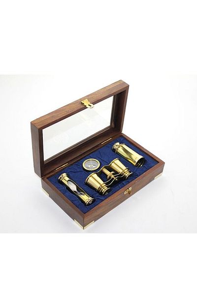 HEDİYE FİKRİ Brass Binoculars Compass and Hourglass Set with Wooden Box