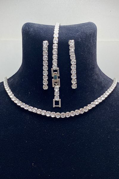 Serelia White Zircon Stone Round Model Waterway Silver Necklace & Bracelet & Earring Set 4 mm