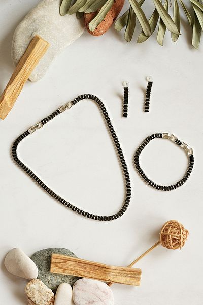 Serelia Black Zircon Stone Baguette Model Su Yolu Silver Necklace & Bracelet & Earring Set 5 mm