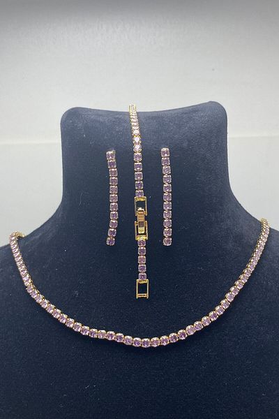 Serelia Purple Zircon Stone Round Model Waterway Gold Necklace & Bracelet & Earring Set 3 mm