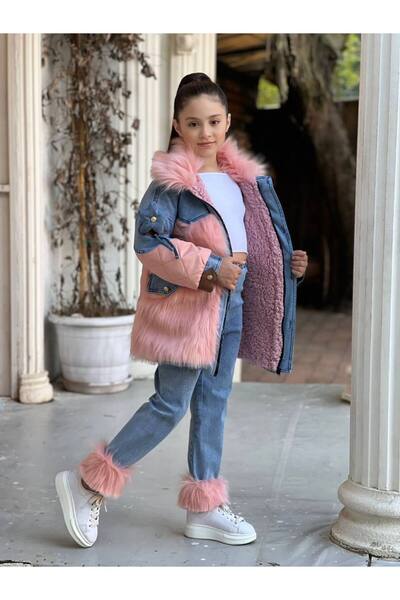 tunay moda Astarlı kot mont ve paçasında kürk detay pantolon