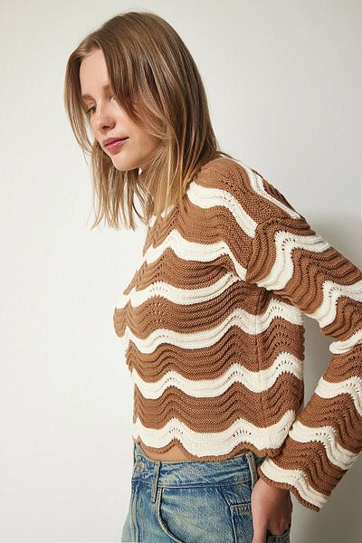 asur boutique Tricoturi Asur Boutique pentru damă, cu model, ajurat, culoare biscuiți, pe jumătate cu gât