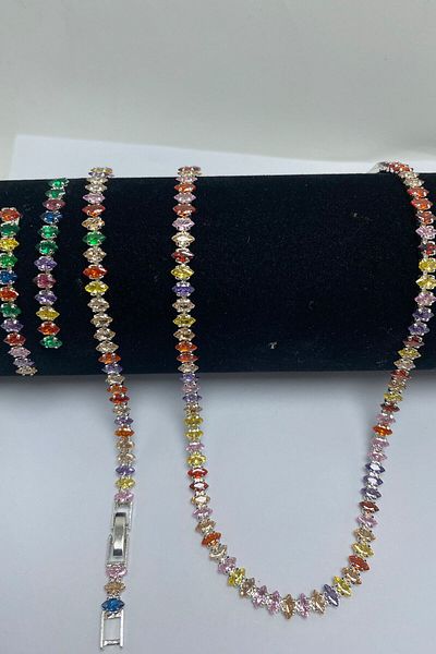 Serelia Colorful Zircon Stone Shuttle Model Waterway Silver Necklace & Bracelet & Earring Set 5 mm