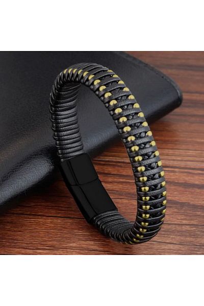 AKSESUARIM Men's Chain Steel And Leather Bracelet