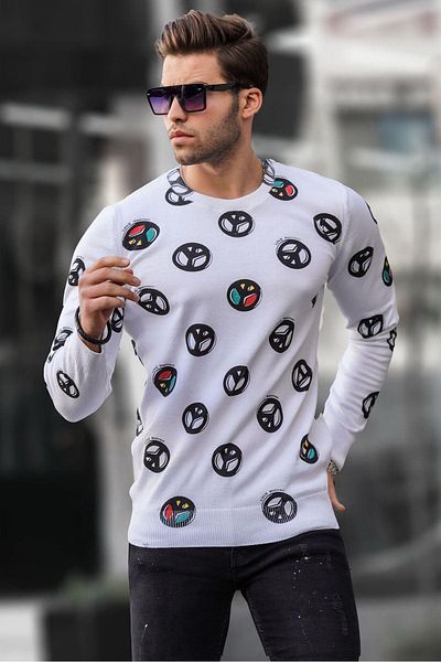 Madmext Weißes bedrucktes Sweatshirt mit Rundhalsausschnitt 1707