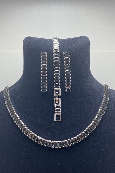 Serelia Black Zircon Stone Baguette Model Su Yolu Silver Necklace & Bracelet & Earring Set 5 mm