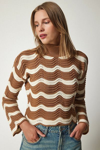 asur boutique Tricoturi Asur Boutique pentru damă, cu model, ajurat, culoare biscuiți, pe jumătate cu gât