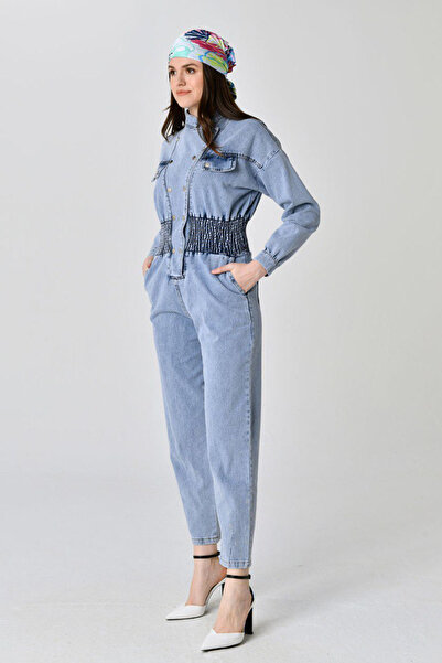 fehika Жіночий садовий комбінезон з еластичним поясом, довгими рукавами, синій джинсовий комбінезон