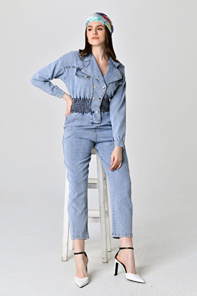 fehika Жіночий садовий комбінезон з еластичним поясом, довгими рукавами, синій джинсовий комбінезон