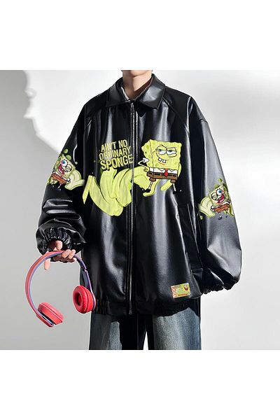 Touz SpongeBob SquarePants Black Oversize Unisex Lined Leather Jacket