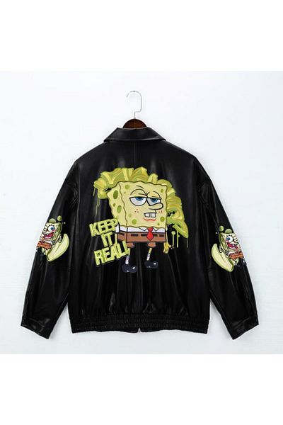 Touz SpongeBob SquarePants Black Oversize Unisex Lined Leather Jacket