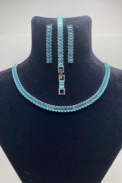 Serelia Tukuaz Zircon Stone Baguette Model Su Yolu Silver Necklace & Bracelet & Earring Set 5 mm