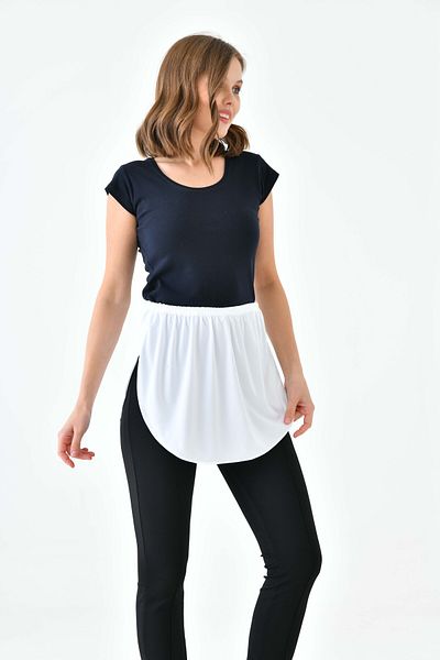 mirach White Round Neck T-Shirt - Skirt Slit Elastic Lining Inner Skirt