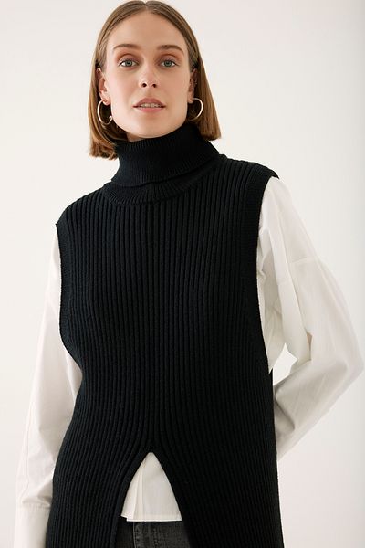 Perspective Mayra Regular Fit Below Knee Degaje Collar Black Color Knitwear Dress