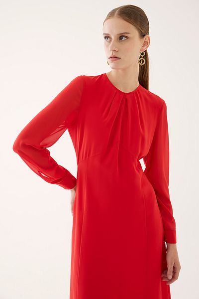Perspective Dixie Regular Fit Midi Length Fake Sleeve Half Stand Collar Red Color Dress