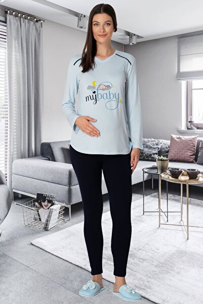 Mecit Pijama Mecit 5345 Trudnička Štampano Plava Majica-Leggings Set