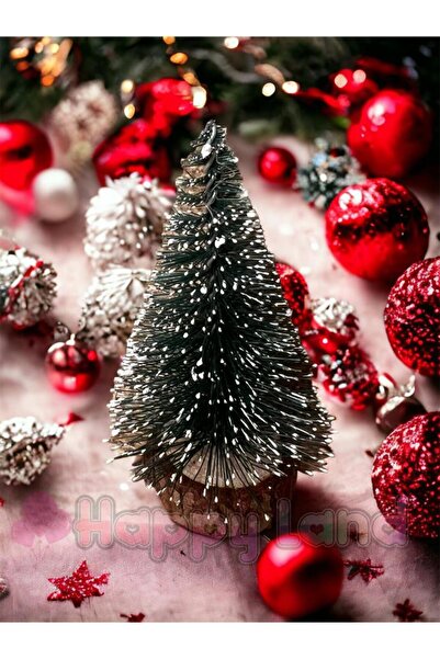 Happyland Yılbaşı 10 cm Masa Üzeri iğneli Mini Masa Çam Ağacı Uçlarına Kar Yağmış Karlı Ağaç