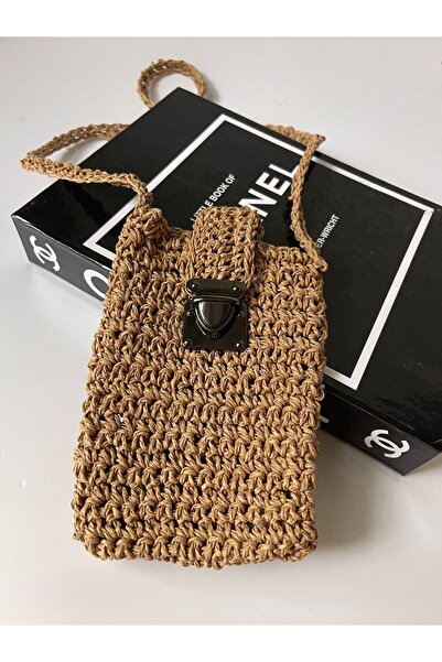 Sistaful Hand Knitted Straw Phone Holder Shoulder Bag with Silver Accessories