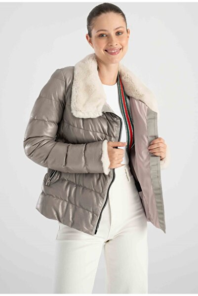 Lebeni Şişme Mont Kadın Deri Puffer Mont Kışlık Kürklü Mont