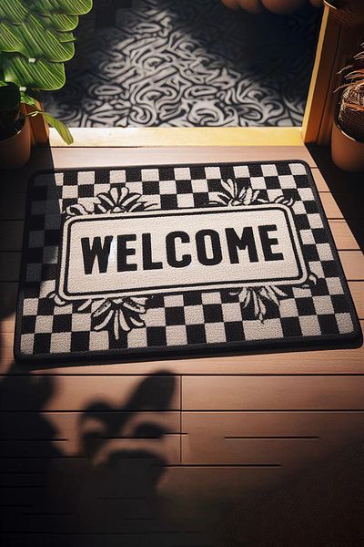 Valerine Life Checkers and Leaves Patterned Black and White Welcome Door Mat 45x70cm