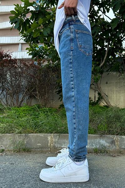 HAFKAGİYİM ΜΠΛΕ Παντελόνι Boyfriend με υφή Μπλε Basic D53