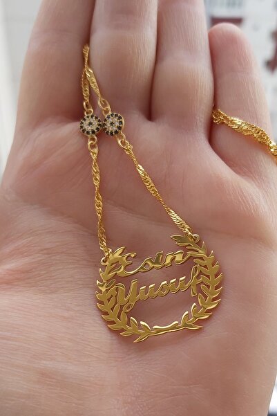 ÖZGÜR TAKI 925 Ayar Gümüş 24 Ayar Altın Kaplama 2 Nazar Boncuklu İsimli Başak Kolye