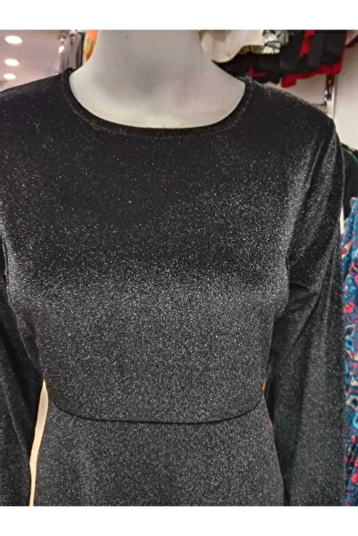 NUR TEKSTİL kadın siyah kore kadifesi kumaş pırıltılı simli kloş beli kuşaklı elbise