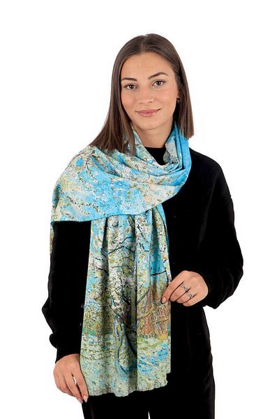 Bursa İpek Water Green Peach Tree Pattern Winter Shawl
