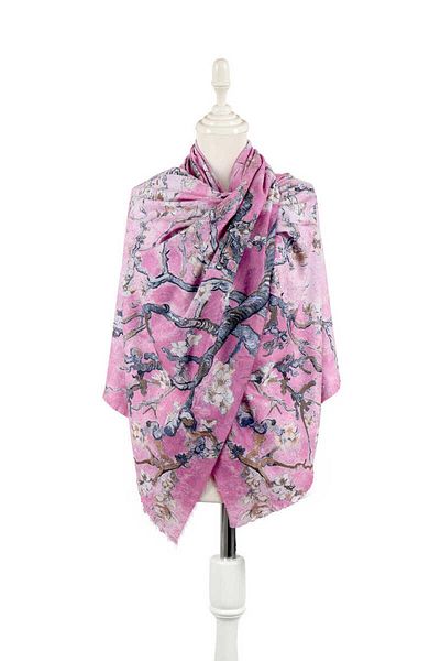 Bursa İpek Pink Almond Flower Pattern Winter Shawl
