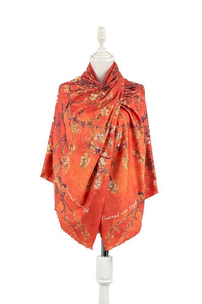 Bursa İpek Orange Almond Blossom Pattern Winter Shawl