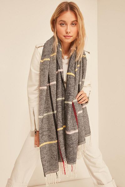 Axesoire 13801 Model Soft Textured Navy Blue Square Striped and Tasseled Thick Shoulder Shawl Scarf
