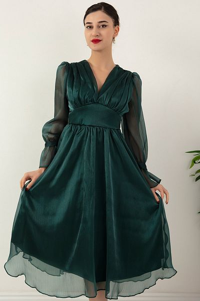 PULLIMM V-Neck Sleeve Detail Glitter Chiffon Midi Evening Dress 13433