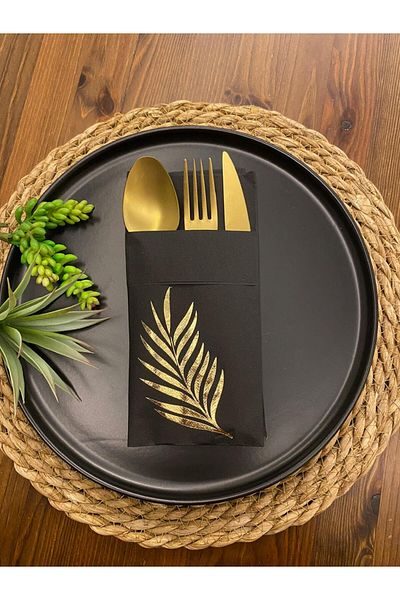 kidspartim 12-Piece Gilded Gold Napkin - Black Leaf Pocket, 40x40