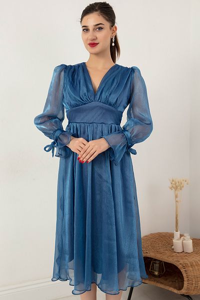 PULLIMM V-Neck Sleeve Detail Glitter Chiffon Midi Evening Dress 13433