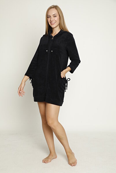 İntensive Navy Blue Long Sleeve Cotton Terry Dress - Hooded and Zippered