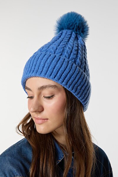 Axesoire 14452 Içi Polarlı Mavi Triko Örgülü Bere