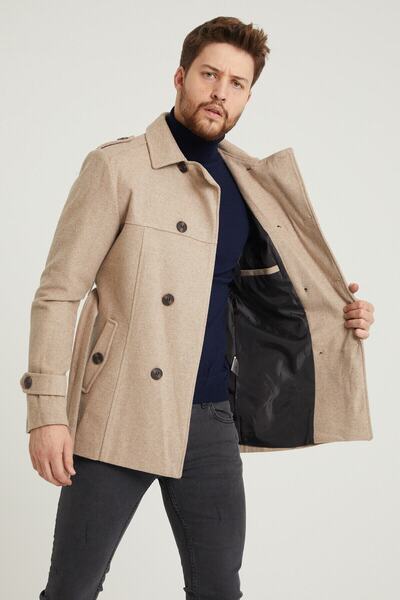 MODAMESTO Men's Cream Slim Fit Belted Double Breasted Model Kachet Coat