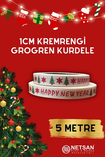 Netsan Etiket New Year's Themed 1cm Cream Color Grosgrain Ribbon 5m