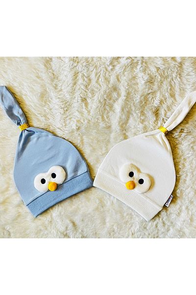 anne dokunuşu gibi KUZUM BEBE White Blue 2-Piece Chick Figured Girl Baby Boy Child Combed Cotton Hat Beanie