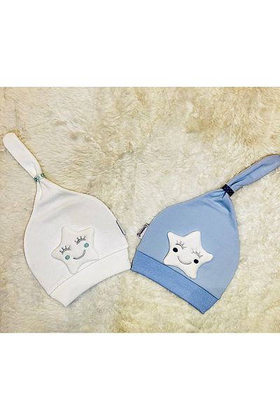 anne dokunuşu gibi KUZUM BEBE White Blue 2-Piece Star Figured Girl Boy Baby Kids Combed Cotton Hat Beanie