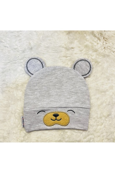 anne dokunuşu gibi KUZUM BEBE Mavi Gri 2'li Ayıcık Figürlü Kız Erkek Bebek Çocuk Penye Şapka Bere