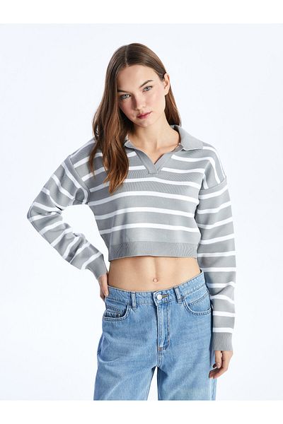 LC Waikiki Long Sleeve Polo Neck Striped Women's Knitwear Sweater - W3J813Z8