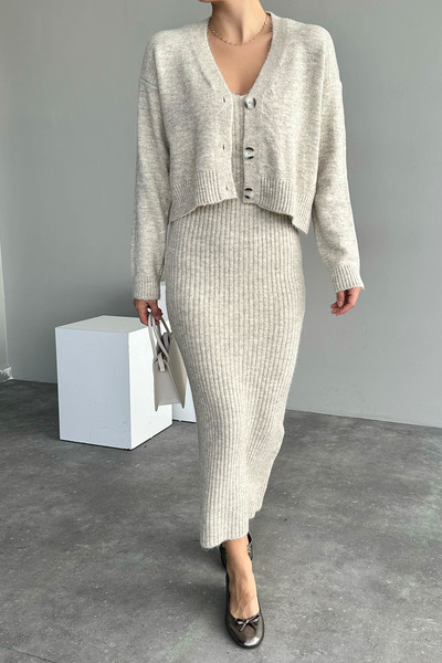 Lupies Women's Stone Strap Dress-cardigan Double Knitwear Set