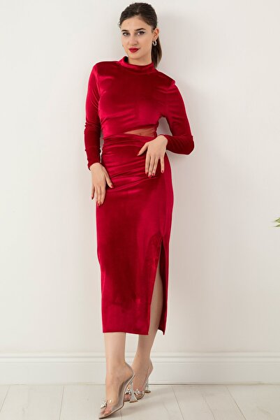 PULLIMM Tül Detay Uzun Kol Kadife Elbise NY4054