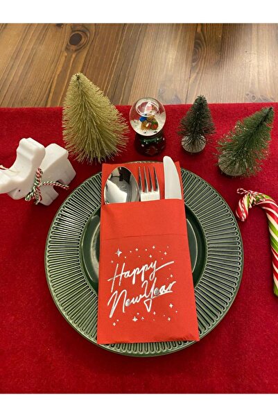 kidspartim Gümüş Yaldızlı Yılbaşı Happy New Year 12 li Kırmızı Renkli Kağıt Cepli Peçete