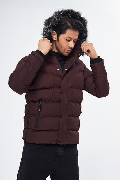 S&V TEKSTİL Men's Burgundy Hooded Furry Coat Coat Parquet
